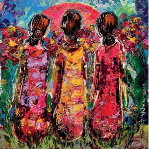 Shazly Khan, Sisters, friends for life, 24 x 24 Inch, Acrylic on Canvas, Figurative Paintings, AC-SZK-136